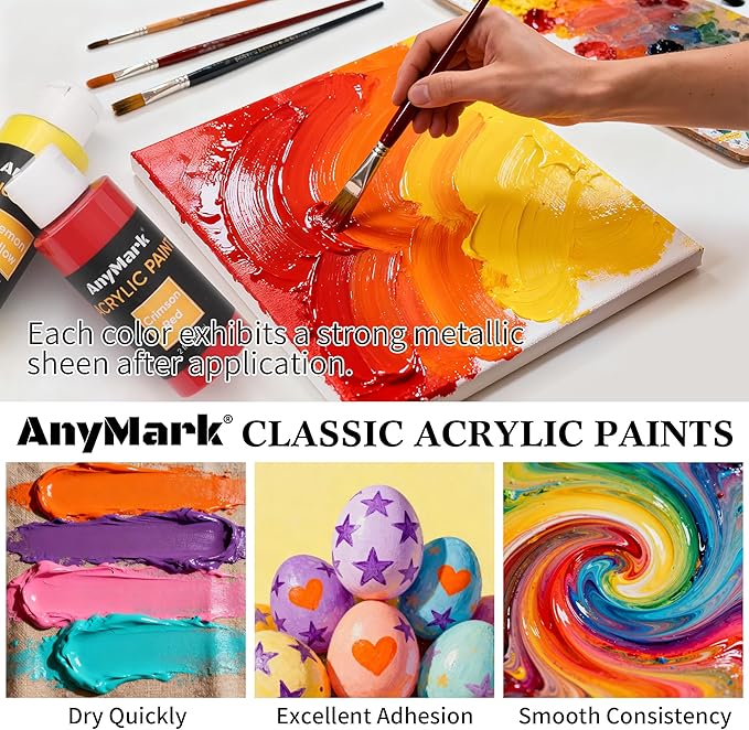 AnyMark Acrylic Paint Set, 24 Classic Colors with 10 Brushes, 2 fl oz/60ml Bottles, Art kit Painting Supplies for Adults Canvas, Rock, Wood