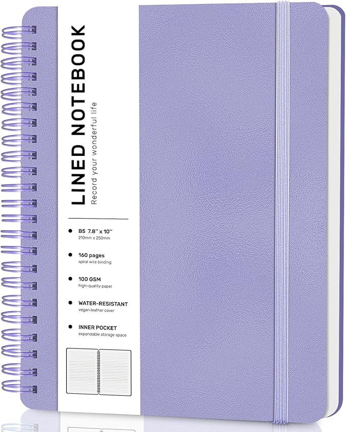 Lined Spiral Journal Notebook with 160 Pages, 7.8×10in, B5 Spiral Notebook, Journaling Notebooks for Work, School, Women, Men, College Ruled Spiral Notebook, Hardcover Leather Journals, Purple