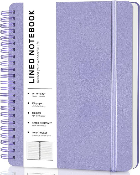 Lined Spiral Journal Notebook with 160 Pages, 7.8×10in, B5 Spiral Notebook, Journaling Notebooks for Work, School, Women, Men, College Ruled Spiral Notebook, Hardcover Leather Journals, Purple