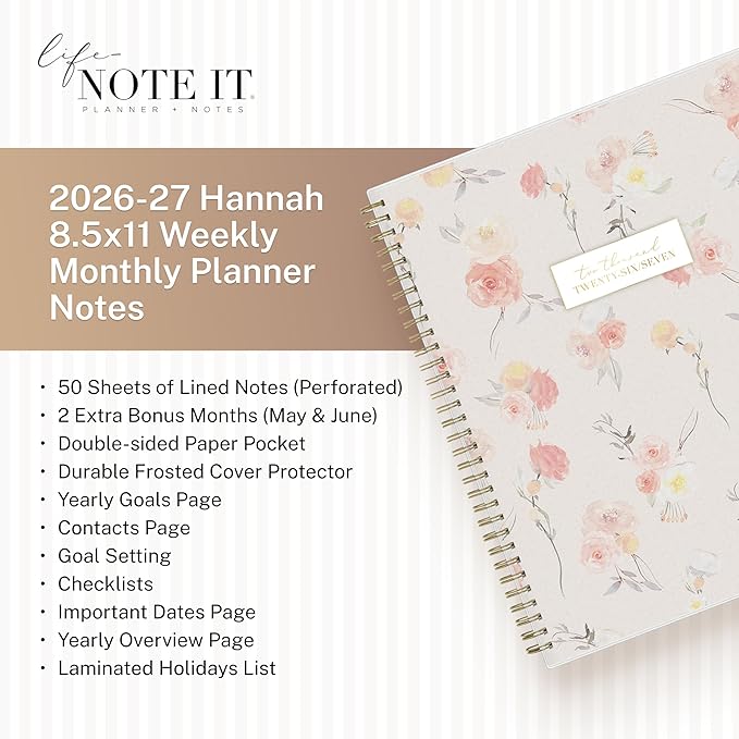 Blue Sky Life Note It 2026-2027 Academic Year Weekly and Monthly Planner, July 2026 - June 2027, 8.5” x 11”, Flexible Cover, Laminated Tabs, Wirebound, Storage Pocket, Hannah