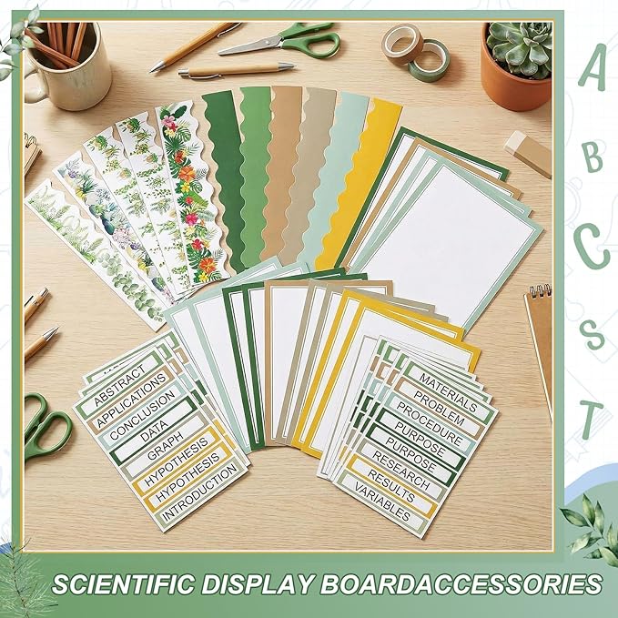 Fuyoooo 90 Pcs Science Fair Board Supplies 60 Trim Scalloped Bulletin Borders 24 Presentation Board Subtitles 6 Science Fair Titles for Classroom Display Boards (Plant)
