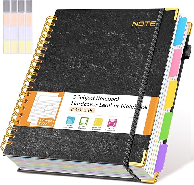 Hardcover Large Spiral Notebook 8.5" x 11" with Removable Dividers Tabs, 300 pages Leather 5 Subject Notebook College Ruled, A4 Journal for Women Men, Notebooks for Work School Note taking,Black