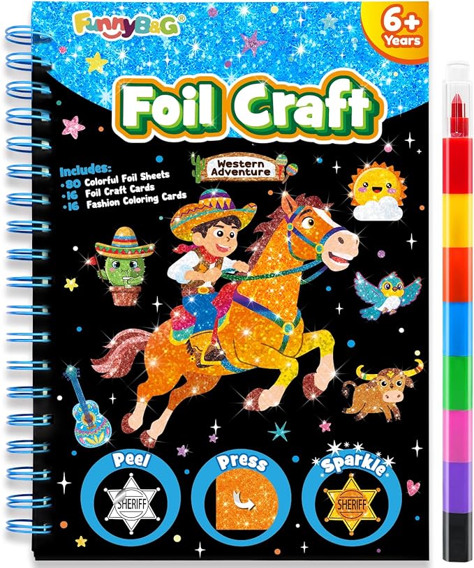 FUNNYB&G Foil Art Craft Kit for Kids 4-10 Years Old: Mess-Free & No-Glue, Create 16 Western Adventure Pictures – Perfect Travel Toy & Birthday Gift for Kids (Western Adventure)