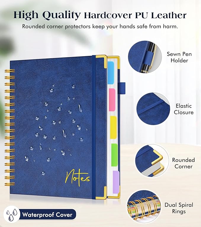 Spiral Notebook Journal with Removable Dividers Tabs, 300 Pages Hardcover Leather 5 Subject College Ruled Notebook, 6.1"x8.2" Large A5 Lined Journal for Women Men Spiral Notebook for Work School,Navy