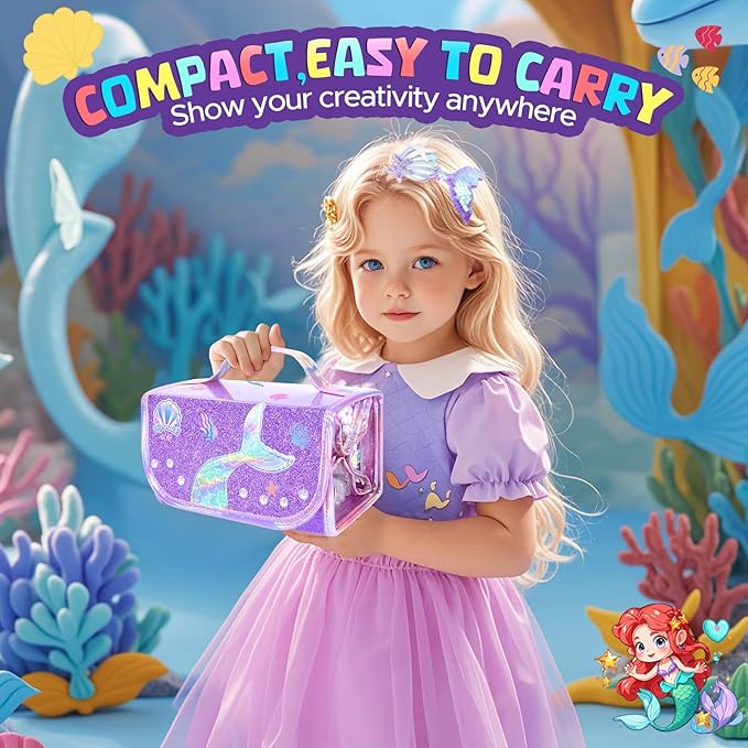 Mermaid Arts and Crafts for Girls Ages 4-5-6-7-8, 70 PCS Art Supplies Set with Bonus Mermaid Hairpin, 3D Glitter Case, Washable Dual Tip Markers, Scented Gel Pens & Twist-up Crayons, Birthday Gift