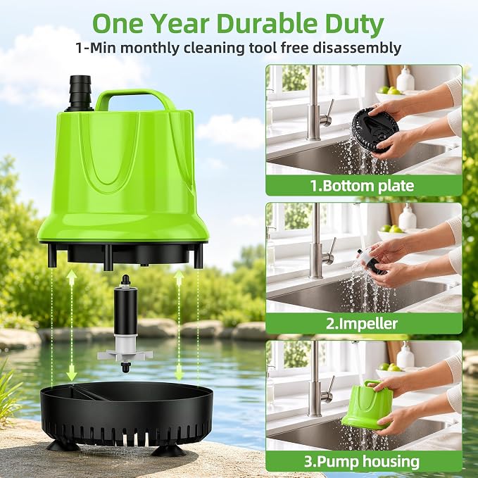 FREESEA Durable Small Pond Pump: 365+ days Continuous Operation | 845GPH 60W Bottom Suction with Epoxy-Sealed Motor & 176℉ Overheat Protection for Pond Circulation Water Change