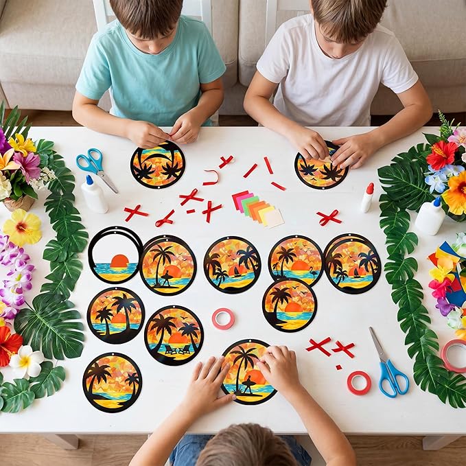 Renbuzhu 48PCS Summer Crafts: Paper Tropical Palm Tree Suncatchers DIY Kits, Window Stained Glass Effect Art Supplies for Hawaiian Luau Tiki Beach Party Favors