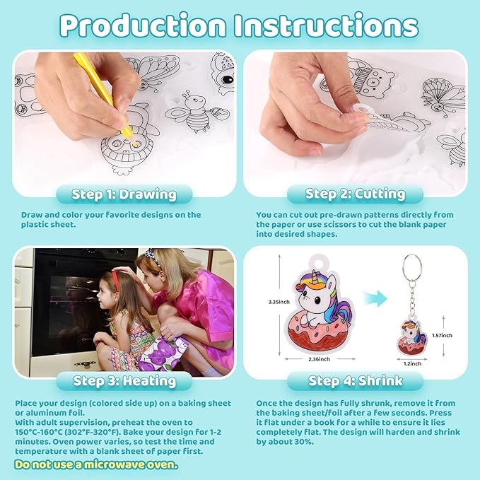 Funtopia Shrinking Art Sheets Kits for Kids, 75 Pre-Cut Shrink Paper Craft Keychain Making Kit, 12 Themes DIY Shrink Art Plastic Sheets with Charms and Keychains Accessories