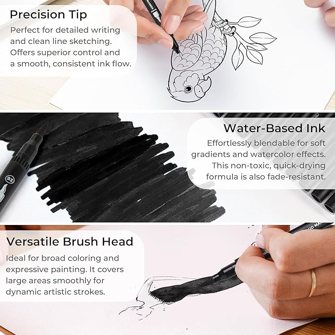 ZSCM Black Duo Tip Marker Pens, 12 Pack Fine & Brush Markers for Adult Coloring Books No Bleeding, Jet Black Markers for Outlining, Sketching, Japanese Manga, Calligraphy and Graphic Novels