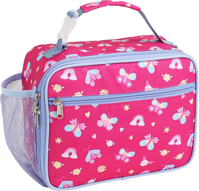Bagseri Kids Lunch Bag Girls - Thermal Insulated Lunch Box Tote with Water Bottle Holder, Reusable Leak-Proof Kids Lunch Box for Daycare & School, Rose Pink Butterfly (Containers Not Included)