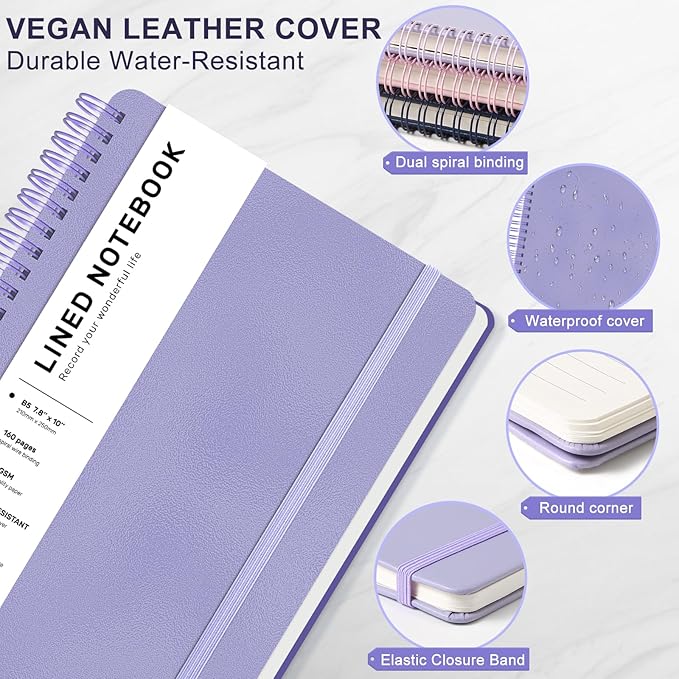 Lined Spiral Journal Notebook with 160 Pages, 7.8×10in, B5 Spiral Notebook, Journaling Notebooks for Work, School, Women, Men, College Ruled Spiral Notebook, Hardcover Leather Journals, Purple