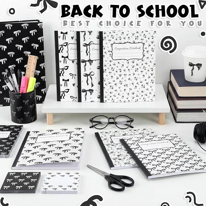 Fullhawl 6 Pack Composition Notebook College Ruled Bulk Black Bow Composition Notebook Preppy Aesthetic for Back to School Supplies 110 Pages 9-3/4 x 7-1/2" Journal for First Day of School Office