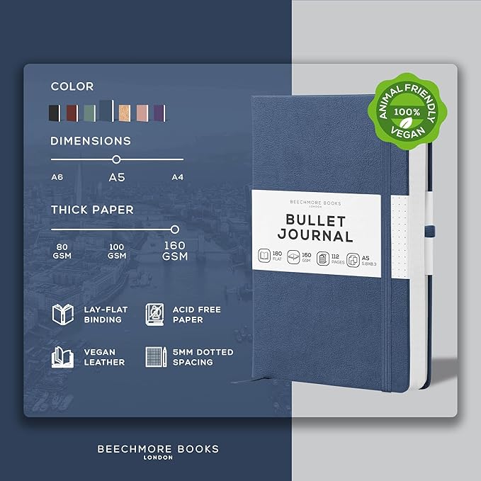BEECHMORE BOOKS A5 Dotted Journal – 160gsm Thick Paper No-Bleed Bullet Notebook – Hardcover Dot Grid Logbook with Presentation Gift Box – Vegan Leather Sketchbook for Artists & Professionals