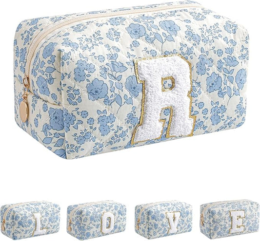 JOVAKIT Alphabet Makeup Bag Cosmetic Bag for Women, Christmas Gifts for Girls Age 6-18, Floral Flowers Coquette Travel Toiletry Zipper Make Up Pouch Organizer Trendy Stuff (Blue Floral R)