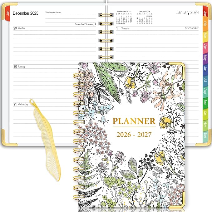 Daily Planner 2026-2027, 18 Month Planner with Tabs, January 2026 - June 2027 Weekly and Monthly Academic Year Calendar Spiral Time Management, 100GSM Thick Paper, Twin-Wire Binding, A5 Size, Multicolor