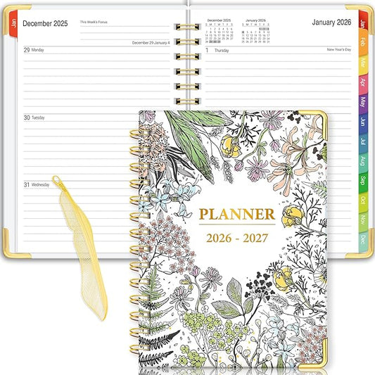Daily Planner 2026-2027, 18 Month Planner with Tabs, January 2026 - June 2027 Weekly and Monthly Academic Year Calendar Spiral Time Management, 100GSM Thick Paper, Twin-Wire Binding, A5 Size, Multicolor
