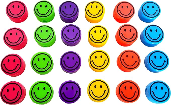 Pencil Sharpeners for Kids with Removable Neon Colored Lids (48 Pack - Smile FACE)