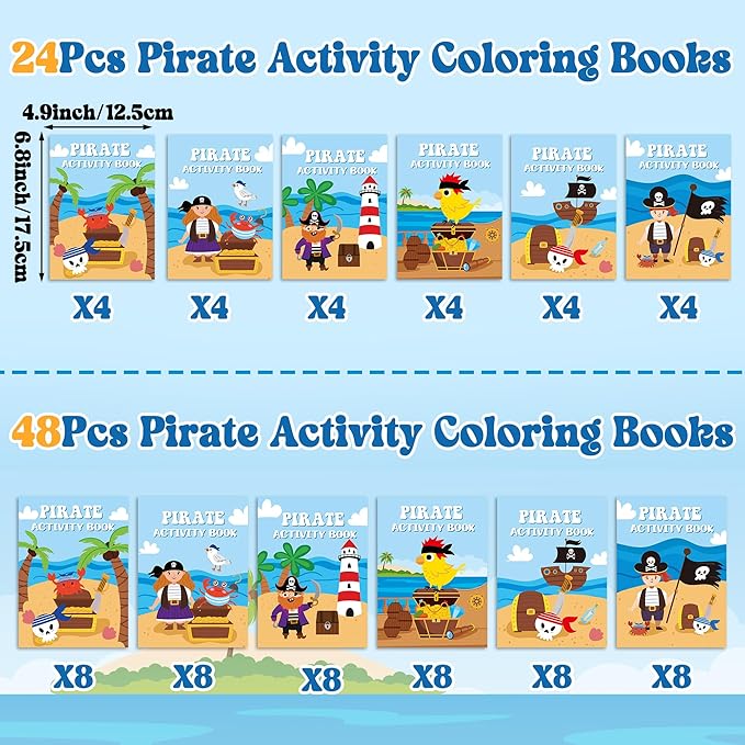 JAPBOR Pirate Activity Coloring Books - 48PCS Mini Pirates Activities Colouring Book Bulk for Kid Party Favor, Summer Nautical Theme Drawing Booklet Goodie Bag Filler, Birthday Class Painting Game