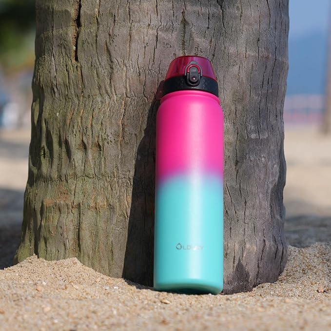 dley Insulated Water Bottle 32oz Water Bottles with Straw, Stainless Steel Water Bottle with 3 Lids, Double Wall Vacuum Bottles for Adult, Leak-proof Sports Bottles for School Travel, Rose Red-Green