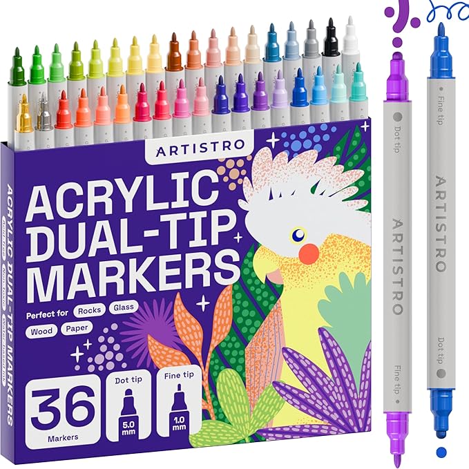 ARTISTRO 36 Precision Dual-Tip Acrylic Paint Markers – Paint Pens Set with Dot & Fine Tips for Fabric, Rock, Glass, Wood, Coloring Books – Classroom & Art Supplies Gift – Teacher Appreciation Gift