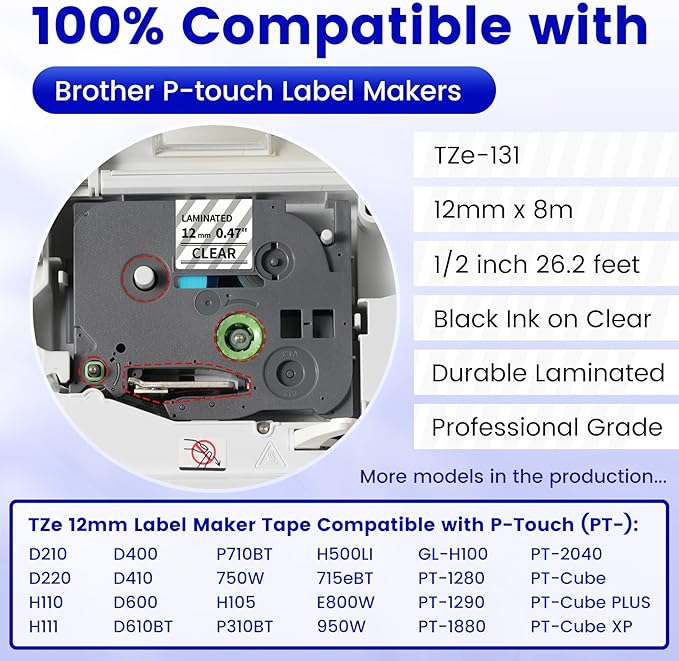 TZe Tz Tape 12mm 0.47 Laminated Clear Replace for Brother Label Maker Tape Clear TZe-131 Compatible with Brother P-Touch Label Tape 1/2 Inch for PTD210 D220 H110 H111 D410 610BT CUBE 1280 1880, 6-Pack