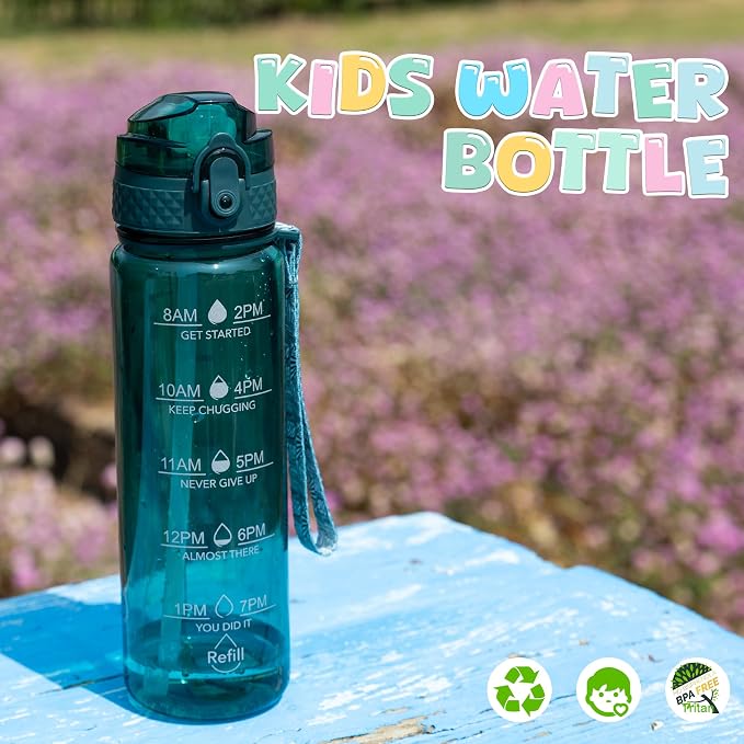 OLDLEY 17oz Kids Water Bottle, Tritan BPA-Free, Leakproof Flip Straw Lid, Motivational Time Marker, Carry Strap, Reusable Clear Water Bottle for Boys & Girls,Trout Green