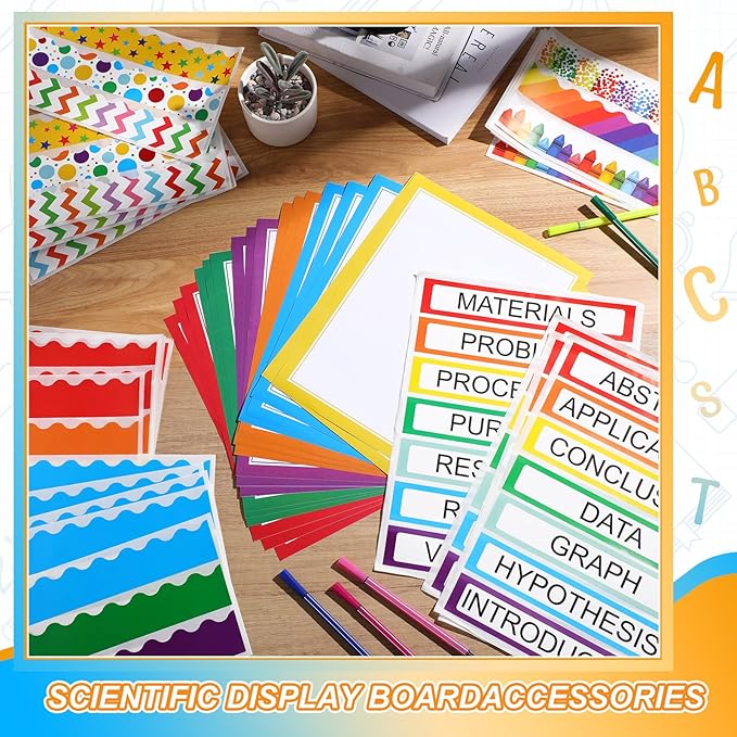 Fuyoooo 90 Pcs Science Fair Board Supplies 60 Trim Scalloped Bulletin Board Borders 24 Presentation Board Subtitles 6 Science Fair Titles for Classroom Display Boards (Rainbow)