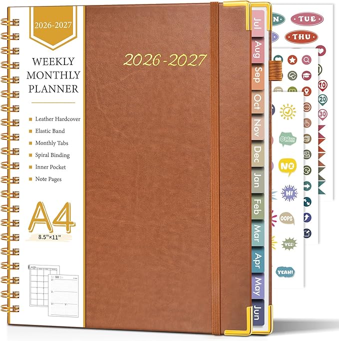 Academic Planner 2026-2027, Hardcover Leather Weekly and Monthly Calendar Planner from July 2026 - June 2027, A4 8.5" x 11" Daily Agenda with Tabs, College School Organizer for Student Teacher, Brown