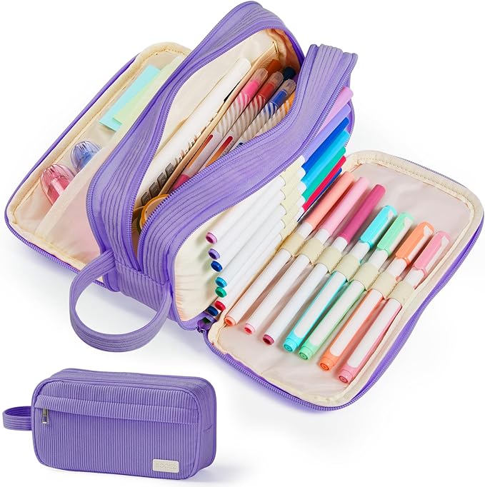 Sooez High Capacity Pencil Case, Soft Corduroy Pencil Pouch with 4 Compartments, Multiple Pockets, Large Pencil Bag with Sturdy Zipper, Cute Pencil Case Pouch Organizer for Student Teen Girls, Purple