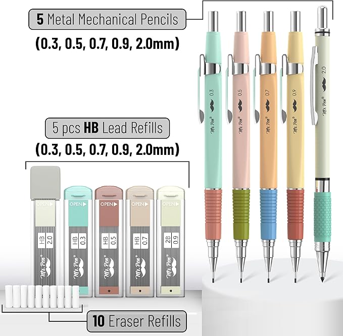 Mr. Pen- Art Mechanical Pencil Set, 5 Metal Mechanical Pencils (0.3, 0.5, 0.7, 0.9, 2.0mm), 5 HB Lead Refills & 10 Eraser Refills, Precision Drawing Pencils for Sketching, Writing & Technical Artwork