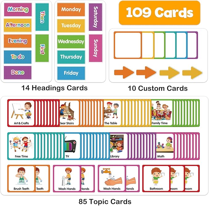 Large Visual Schedule for Kids Chore Reward Chart,Bedtime Routine Chart for Toddlers,Double Side Schedule Board with 109 Cards for Home School Planner,Autism Learning Materials (Pink)