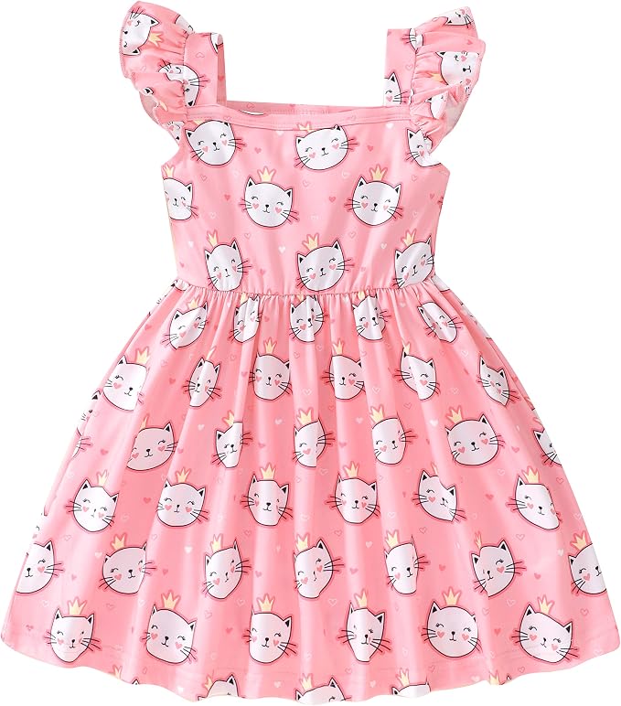 Popshion Girls Dresses Flutter Sleeve Swing Sundress Toddler Summer Clothes Kid Birthday Party Sleeveless Dress 1-8 Years Old