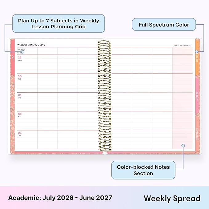 Blue Sky Teachwell 2026-2027 Weekly and Monthly Academic Year Teacher Lesson Planner Calendar, July 2026 - June 2027, 8.5" x 11", Flexible Cover, Heavy Duty Coil Binding, Colorful Interior, Laminated Tabs, Storage Pocket, Includes Stickers, Meilani