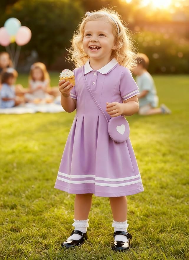 Renotemy Infant Baby Girl Dress Toddler Girls Summer Clothes School Outfits Cotton Short Sleeve Polo Dresses with Bag 12M-5T