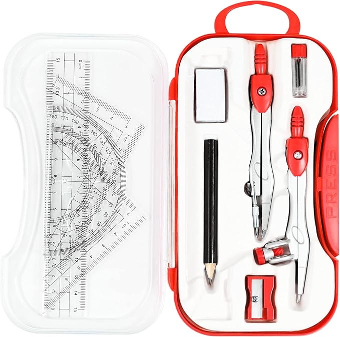 Vobou 10 Pieces Math Geometry Kit Set Student Supplies with Shatterproof Storage Box,Includes Rulers,Protractor,Compass,Eraser,Pencil Sharpener,Lead Refills,Pencil,for School and Drawings（Red）