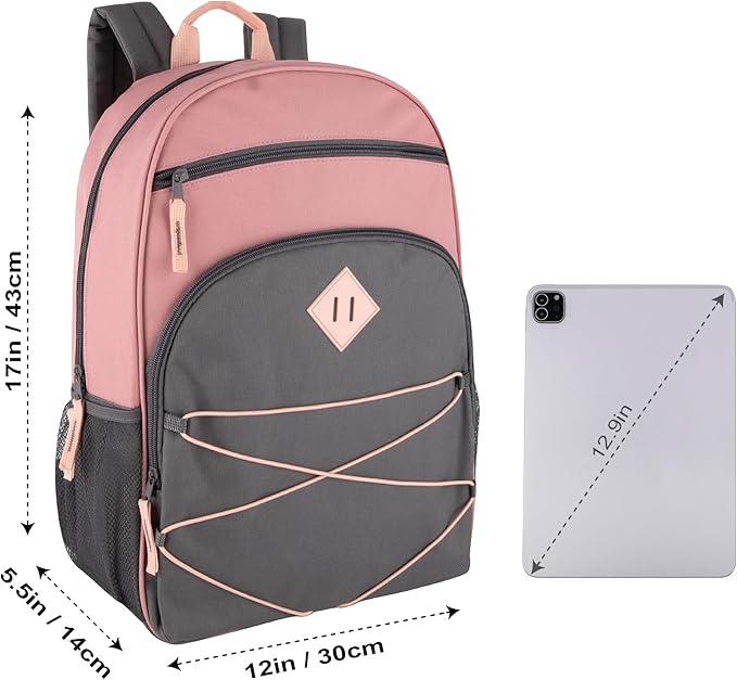 Summit Ridge Boys and Girls School Backpacks with Bungee Cord Front | 17” Multi Pocket Backpack for Kids, Teens, Adults, Travel (Pink/Grey)