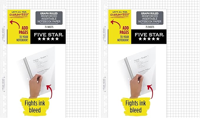Five Star Insertable Loose Leaf Paper, Notebook Paper, Graph Paper to Add Pages, Reinforced Filler Paper, 8.5 x 11, 75 Sheets (17018) (Pack of 2)