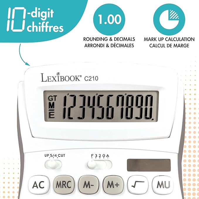 Lexibook - 10 Digit Desktop Calculator with Folding Display - Basic and Memory Function - Large Keys and Screen for Office, School, Home - Solar & Batteries - White/Gray - C210