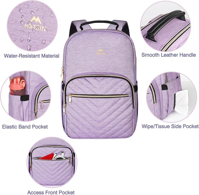 MATEIN 15.6 inch College School Bookbag for Women, Purple Laptop Backpack | Water Resistant, Stylish Student Computer Backpack for Girls, Anti Theft, for Campus, Nurse Daily, Carry Bag Daypack