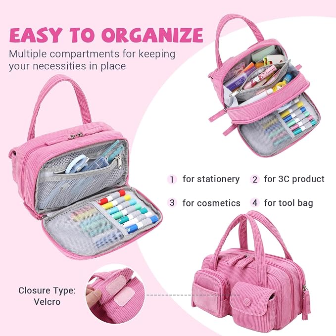 Pencil Case Corduroy Multiple Compartments Pouch Bag for Girl, Hot Pink