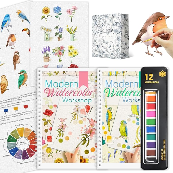 2Pcs Watercolor Workbook Beginner-Friendly Watercolor Workbook with Step by Step for Adults for Adults with 12 Colors Paint, Watercolor Paper, Beginner Watercolor Painting Kit Valentine's Day Gift
