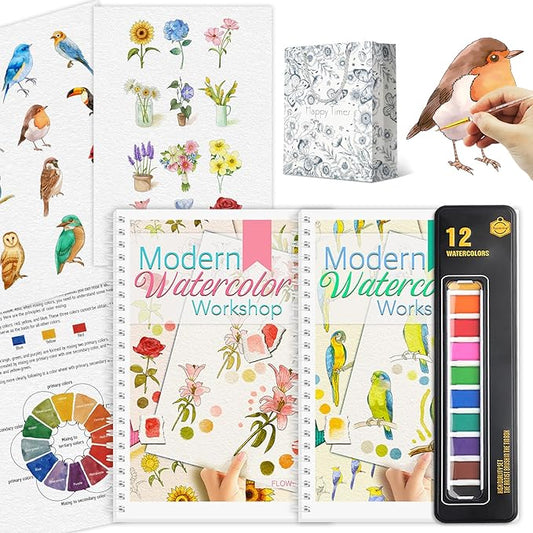 2Pcs Watercolor Workbook Beginner-Friendly Watercolor Workbook with Step by Step for Adults for Adults with 12 Colors Paint, Watercolor Paper, Beginner Watercolor Painting Kit Valentine's Day Gift