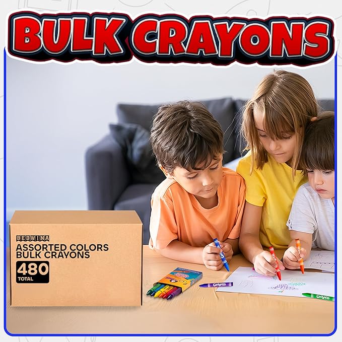 Bedwina Bulk Crayons Case of 480 6-packs Total 2880 Color Crayon Bulk School Supplies For Kids & Toddler, Teachers & Classroom, Nontoxic Travel Crayons Party Favors, Restaurants, Goody Bags Stuffers