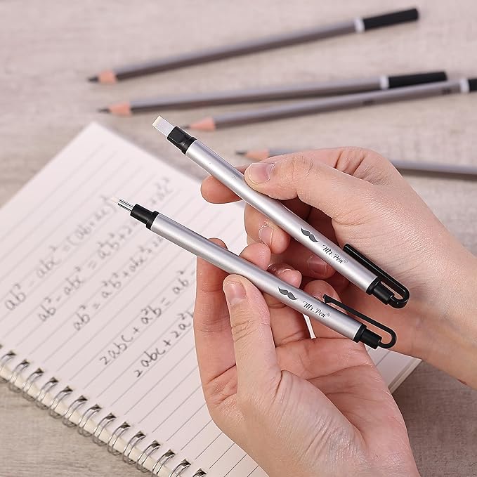 Mr. Pen- Pen Style Eraser Set, 2 Pack, Square & Round Tip, Precision Pencil Erasers, Retractable Silver Eraser Pens for Drawing, Sketching, Detail Correction, Office & School Supplies