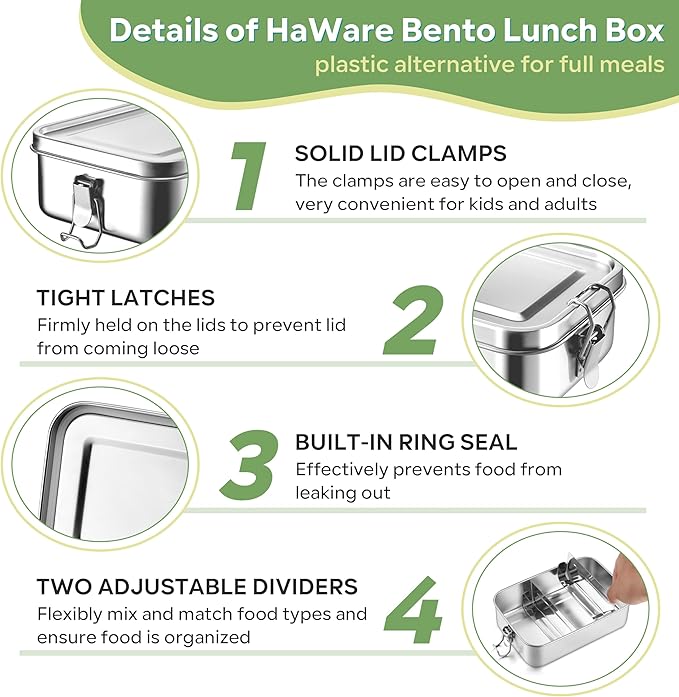 HaWare Stainless Steel Bento Box, 29oz (850ML) Lunch Box Container with Lids and 2 Removable Dividers, Metal Lunch Containers with Locking Clips, Leak-Proof Food Storage Containers for Work School
