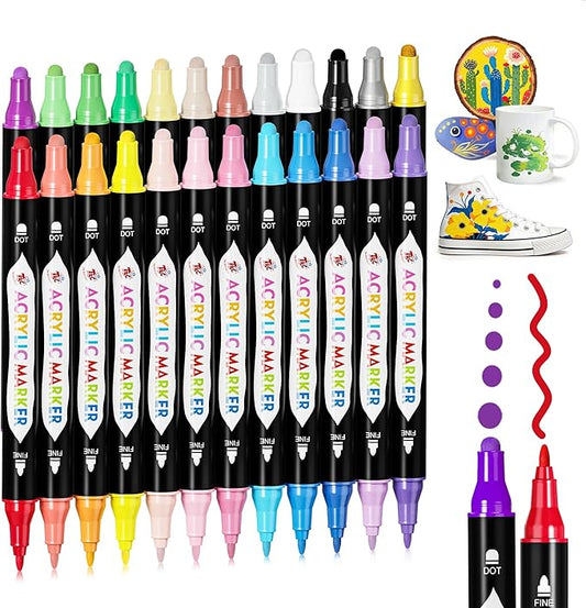 TBC The Best Crafts 24 Colors Dual Tip Acrylic Pens, Dudu Head Acrylic Paint Markers,Suitable for Paper, Pottery, Stones, Backpacks, Glass (24 Colors Dudu Head)