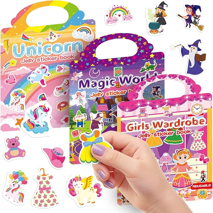 3 Sets Reusable Sticker Book for Toddlers 3-6, Jelly Sticker Books for Toddler, Travel Sticker Activity Toys for Kids 3 4 5 6 Years Old Girls (Unicorn+Magic+Wardrobe)