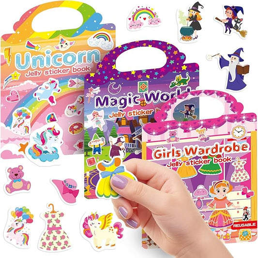 3 Sets Reusable Sticker Book for Toddlers 3-6, Jelly Sticker Books for Toddler, Travel Sticker Activity Toys for Kids 3 4 5 6 Years Old Girls (Unicorn+Magic+Wardrobe)