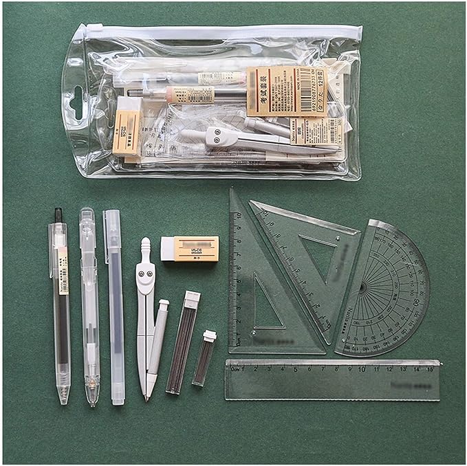 Math Geometry Compass 10 Piece Geometry School Set Compass, with Protractor Rulers Pencil for Math Best Gift