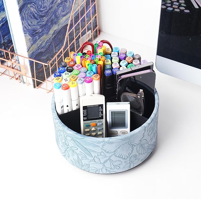 Remote Control Holder, 360°Spinning PU Leather Desk TV Remote Caddy,Desk Storage Box Room Accessories for Controller, Media,Mail,Calculator, Mobile Phone,Pencil(1-Carved Blue)